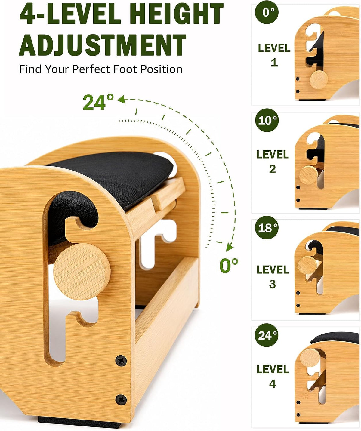 Bulado Wooden Foot Rest Under Desk, Ergonomic 4-Height Adjustable Footrest