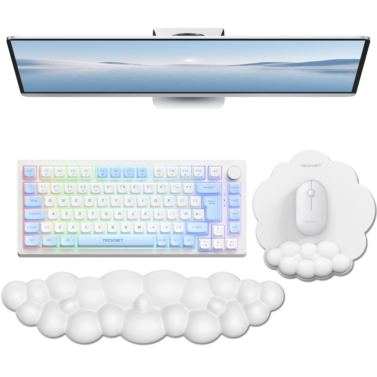 TECKNET Cloud Mouse Pad with Wrist Rest, Ergonomic Cloud Wrist Rest with Non-Slip Base, PU Leather Memory Foam Mouse Pad Wrist Support for Keyboard and Mouse, Pain Relief for Typing, Gaming, White