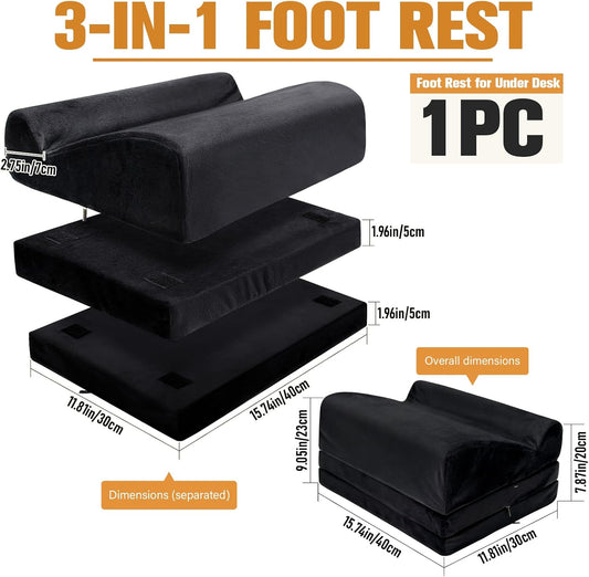 3-in-1 Height-Adjustable Foot Rest for Under Desk Filling with High-Density Foam for Office, Home, Travel, Removable Washable Cover for Back Pain Relief & Posture Support, Black