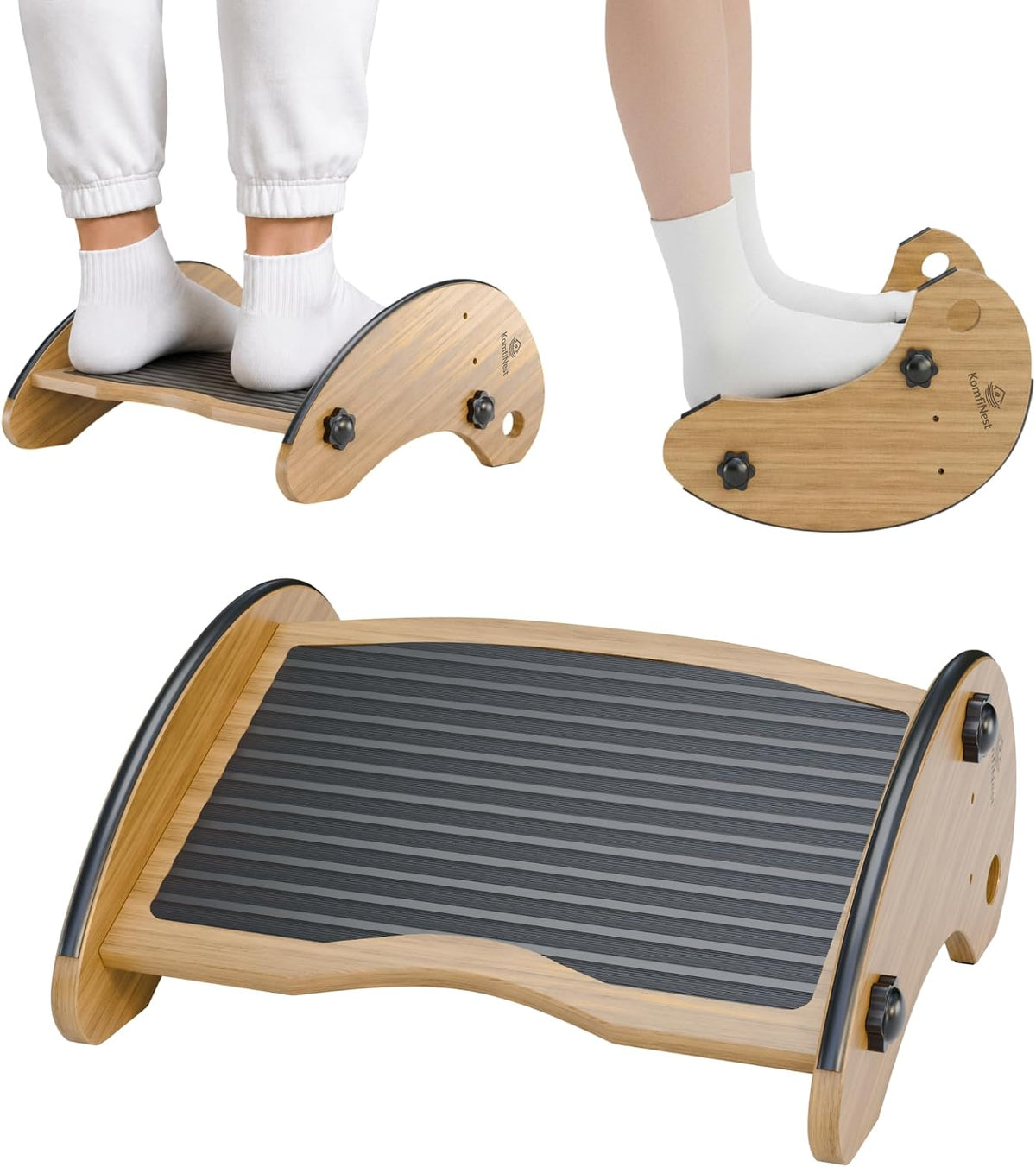 Bamboo Foot Rest for Under Desk at Work, Adjustable Foot Stool, 2-in-1 Reversible Rocking Footrest, Static Leg Rest, 16in Wide Surface, Non-Slip Breathable Pad, Home Office Ergonomic Support at Work