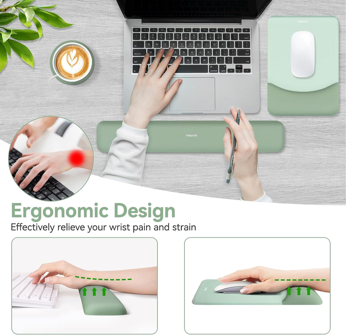 MOSISO Ergonomic Keyboard & Mouse Pad Wrist Rest Set, Antique Green