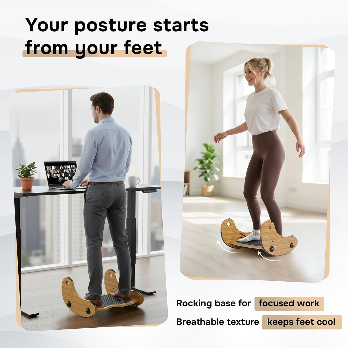 Bamboo Foot Rest for Under Desk at Work, Adjustable Foot Stool, 2-in-1 Reversible Rocking Footrest, Static Leg Rest, 16in Wide Surface, Non-Slip Breathable Pad, Home Office Ergonomic Support at Work