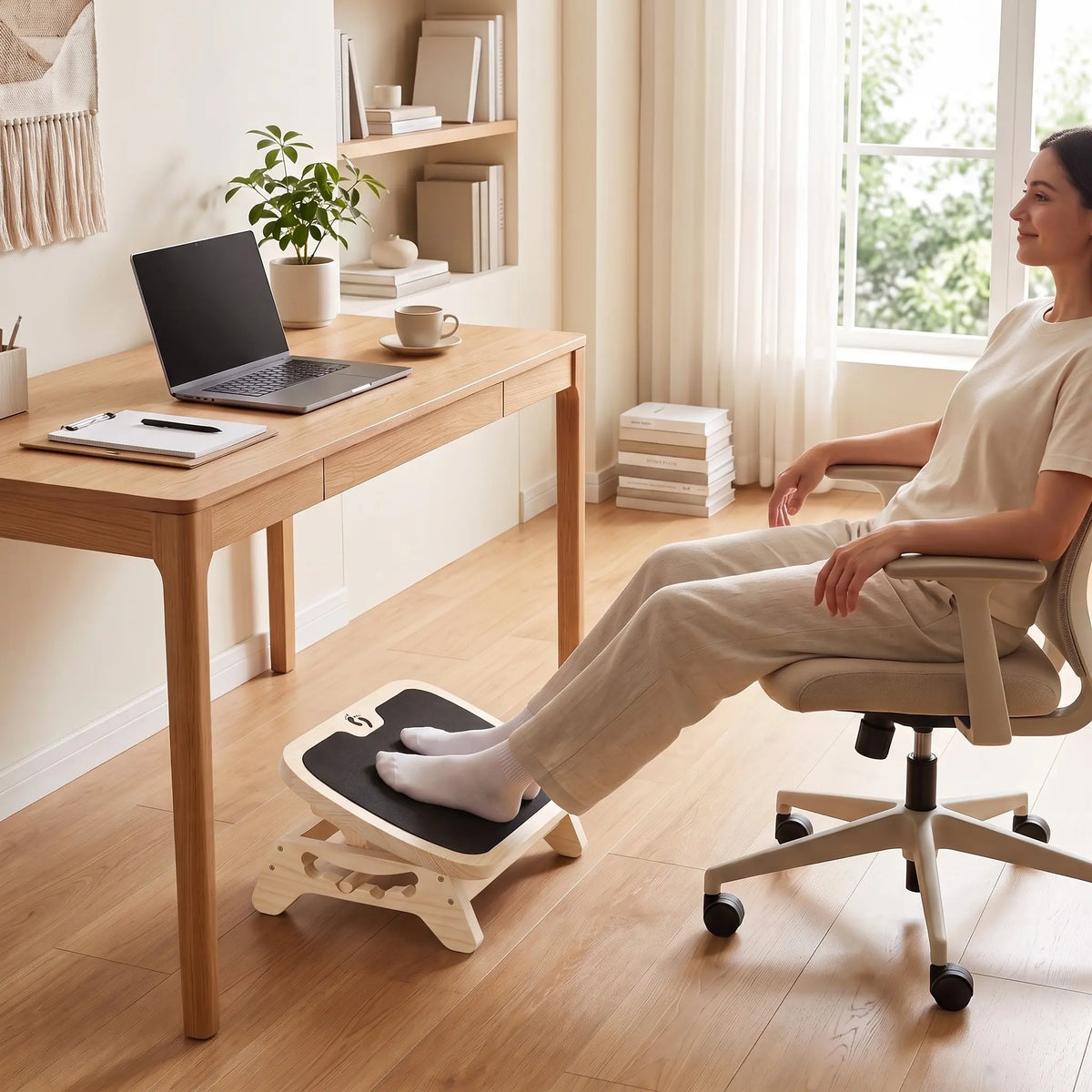 Wooden Under Desk Foot Rest, Adjustable Office Foot Stool with Grip Base
