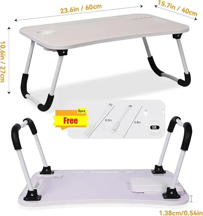 Ergonomic Laptop Stand - Portable Lap Desk, Foldable Computer Accessory with Stable Top Eases Strain, 4 USB Ports, Cooling Fan, LED Light, Cup Holder Ready, Drawer Keeps Gear, Tablet Slot, Ideal for Remote Workers, Home Office (Laptop Stands & Trays)