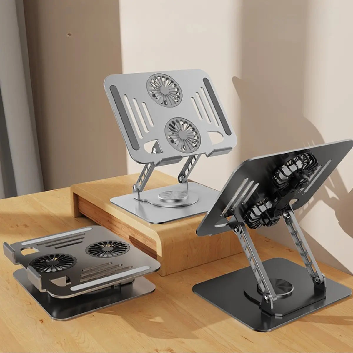 Durable Carbon Steel Tablet & Laptop Stand - USB-Powered Dual Fans Cooling Pad, 360° Rotating Base, Adjustable Height, Ergonomic Desk Office Accessory for Ipads, Tablets/Laptops