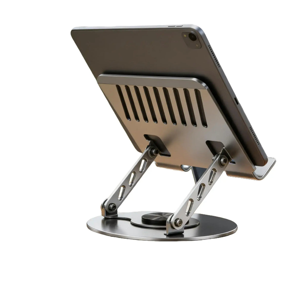 Durable Aluminium Adjustable Monitor Stand for Desk - 360° Horizontal Rotation, Quick Fold, Foldable Flat Profile Carry Design, Fits 17in Max Laptops & Tablets, 22 lbs Capacity, Ventilation Slots
