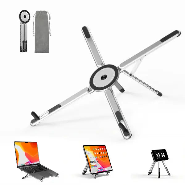 Viozon Ergonomic Portable Laptop Stand for Desk - Foldable Adjustable Aluminum PC Riser with Magnetic Phone Holder, Work & Office Accessories for Home Office (10-16” Laptops, 4-13” Phones/Tablets, Silver)