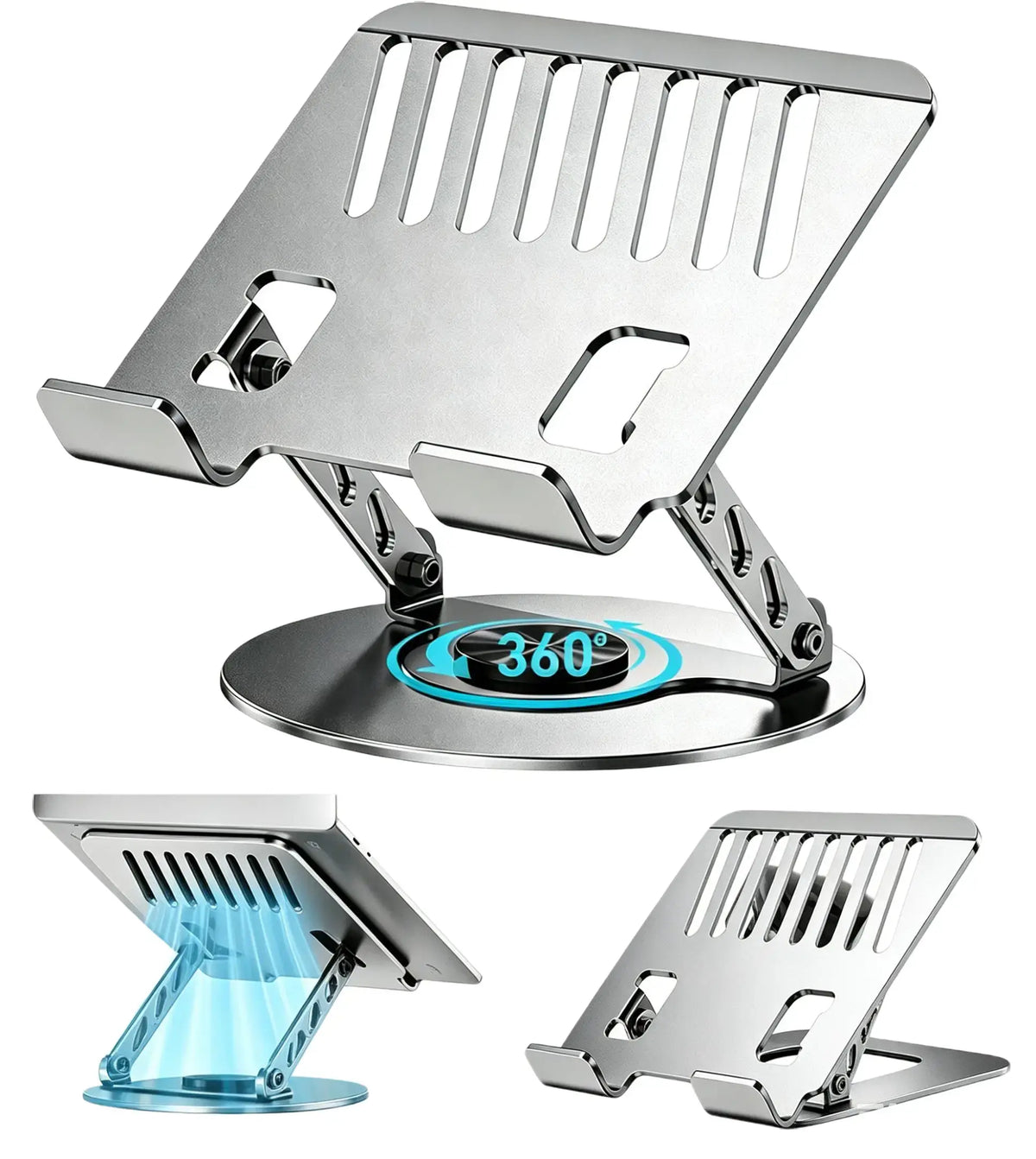 Aluminum Alloy 360° Rotating Adjustable Laptop Stand, Foldable Ergonomic Riser with Heat Vent, Compatible with 10-17.3 in Laptops & Tablets