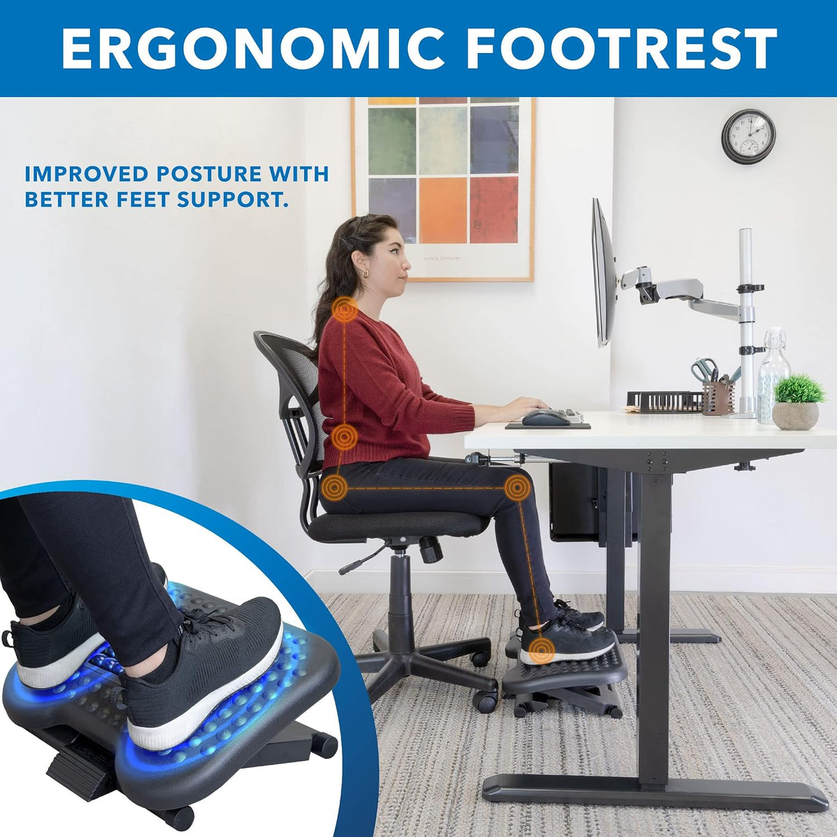 Mount-It! Ergonomic Under Desk Footrest with Massage Rollers, Adjustable Height & 30° Tilt Foot Rest Under Desk (4.25"–6.75"), Office Foot Stool with Non Slip Surface
