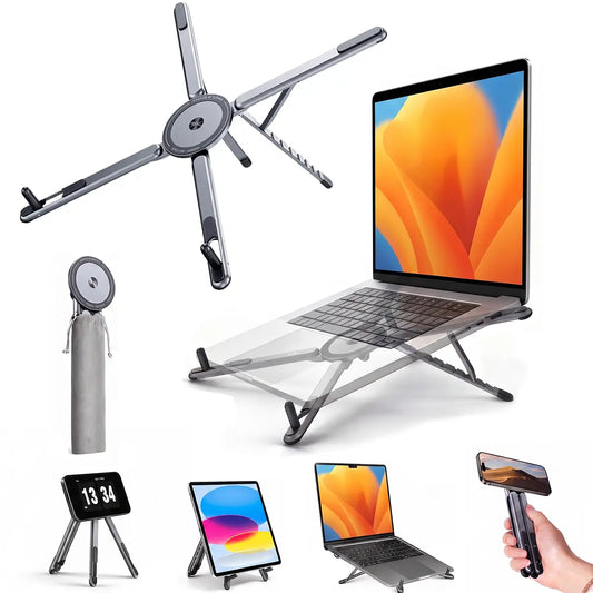 3-in-1 Folded Aluminum Alloy Laptop Stand for Desk - 8-Level Height Adjustable Portable Slim Magnetic Riser, Fits Mobile Phone/Tablet/Kindle, Velvet Accessory for Work Bags, Office Accessories for Desktop Stand Setup