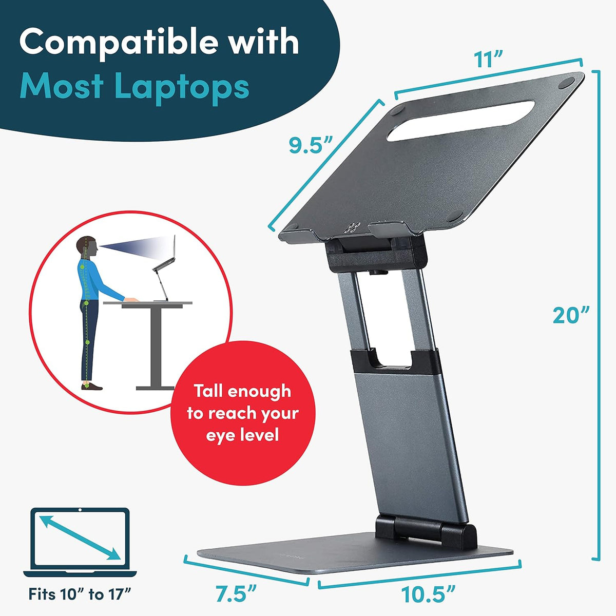 Lifelong Aluminum Adjustable Laptop Stand, Extra Tall 20" Riser, Grey