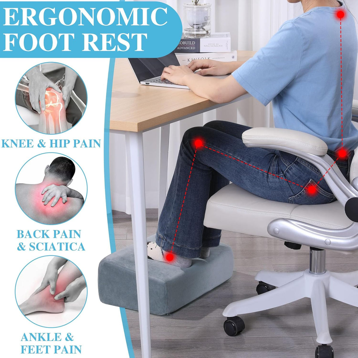 Under Desk Foot Rest, ROYALAY Ergonomic Office Footrest with 3 Adjustable Heights, High-Density Memory Foam Leg Rest for Home, Travel, Airplane with Washable Cover