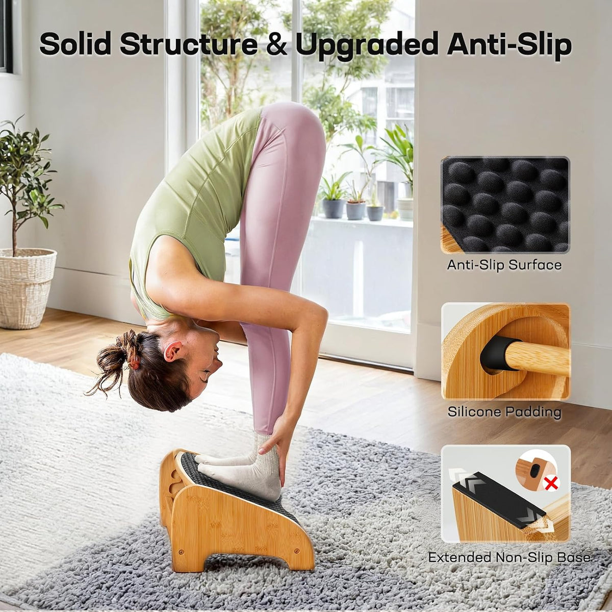 HUANUO Bamboo Under Desk Footrest with 4 Heights and Massage Texture