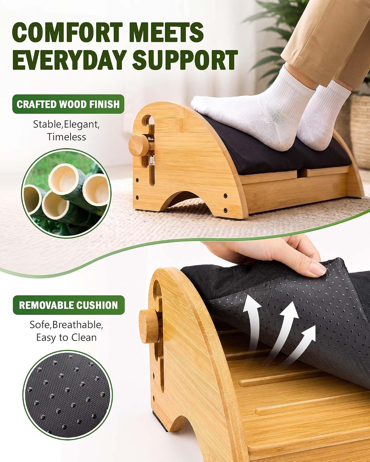 Bulado Wooden Foot Rest Under Desk, Ergonomic 4-Height Adjustable Footrest