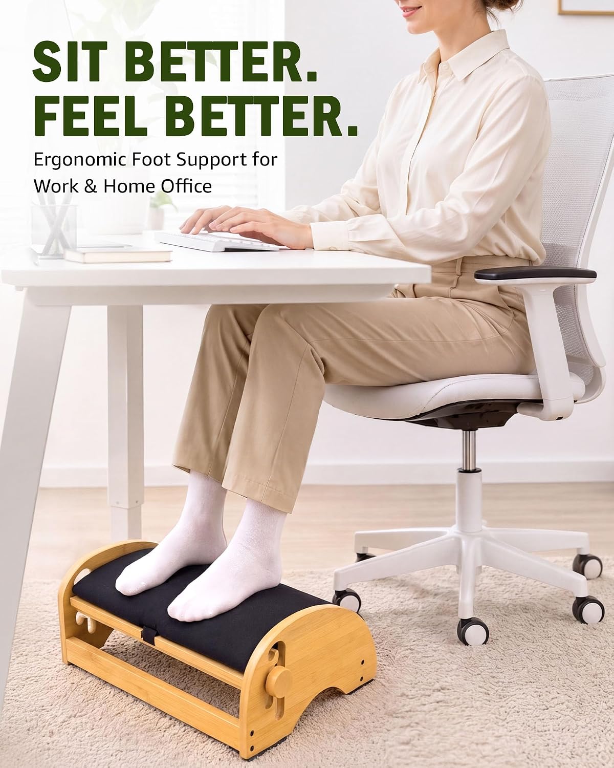 Bulado Wooden Foot Rest Under Desk, Ergonomic 4-Height Adjustable Footrest