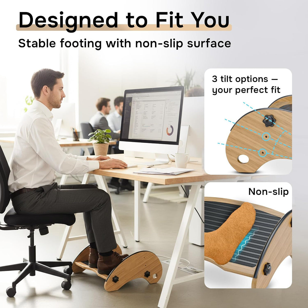 Bamboo Foot Rest for Under Desk at Work, Adjustable Foot Stool, 2-in-1 Reversible Rocking Footrest, Static Leg Rest, 16in Wide Surface, Non-Slip Breathable Pad, Home Office Ergonomic Support at Work