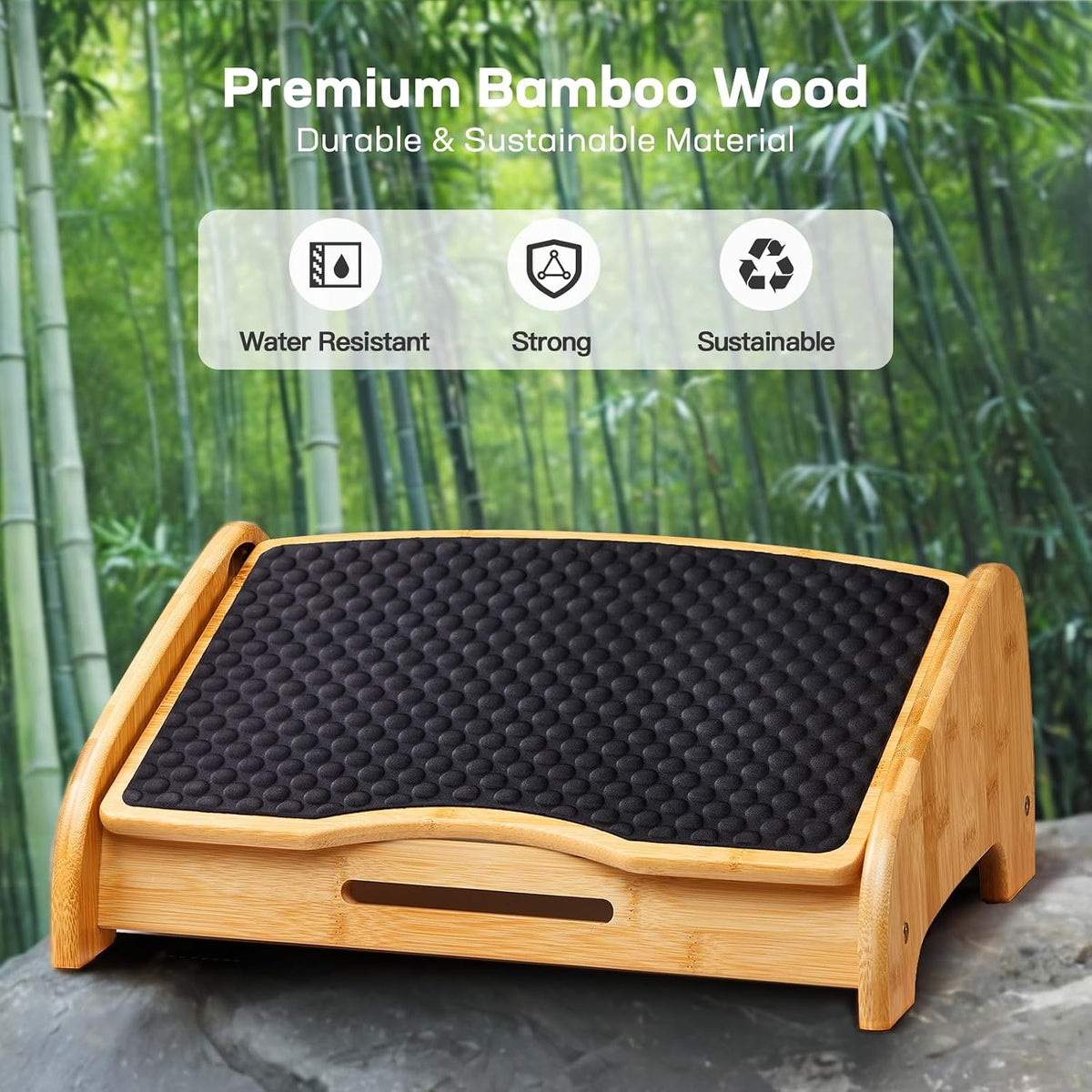 HUANUO Bamboo Under Desk Footrest with 4 Heights and Massage Texture