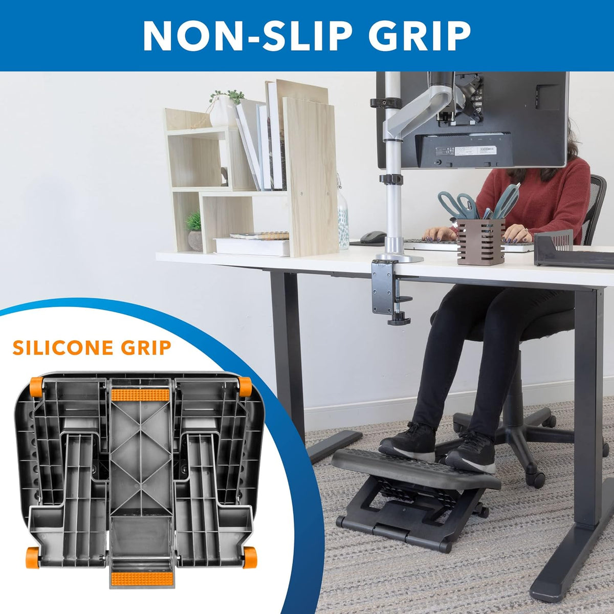Mount-It! Ergonomic Under Desk Footrest with Massage Rollers, Adjustable Height & 30° Tilt Foot Rest Under Desk (4.25"–6.75"), Office Foot Stool with Non Slip Surface