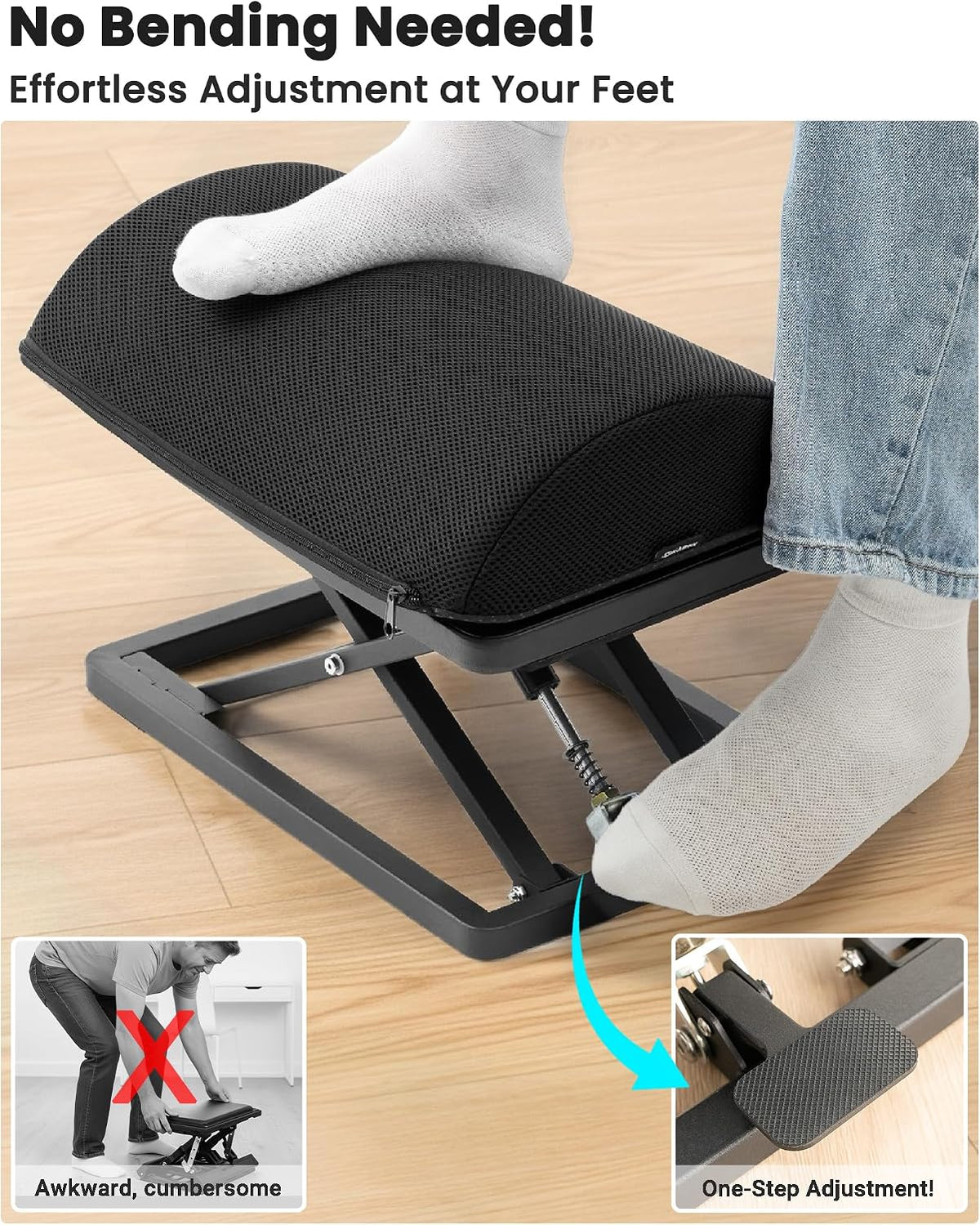 Step-to-Adjust Foot Rest—Truly Infinite Height, No Bending Needed