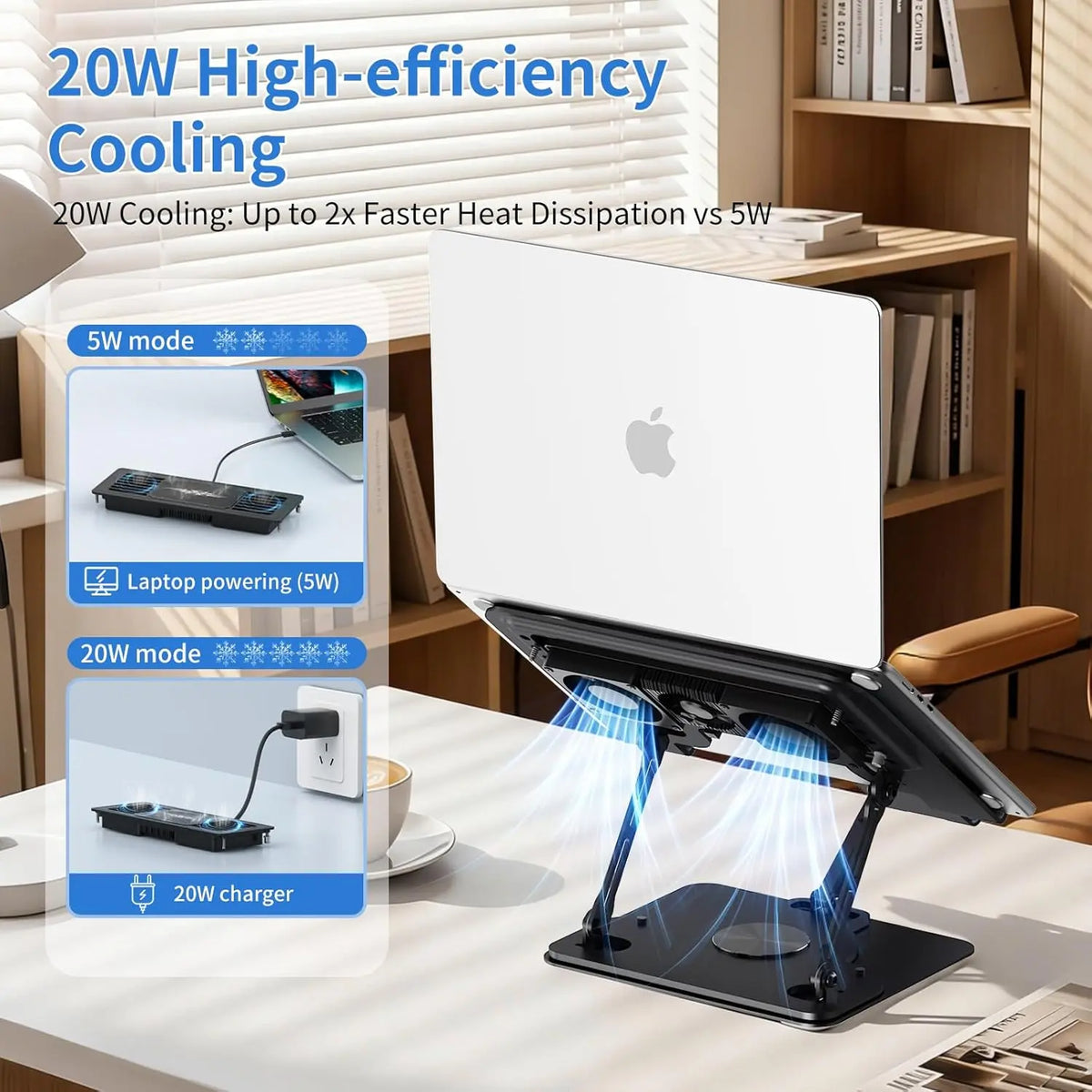 Ergonomic Carbon Steel Laptop Stand with Removable 20W Fast Cooling Thermoelectric Pad, Adjustable Height, 360° Rotation, Phone Holder & Adjustable Cooling System for 10-17in Laptops