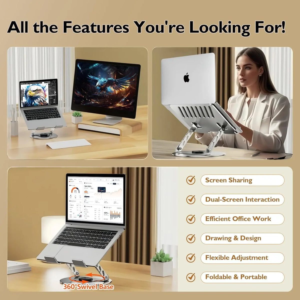 Aluminum Alloy 360° Rotating Adjustable Laptop Stand, Foldable Ergonomic Riser with Heat Vent, Compatible with 10-17.3 in Laptops & Tablets