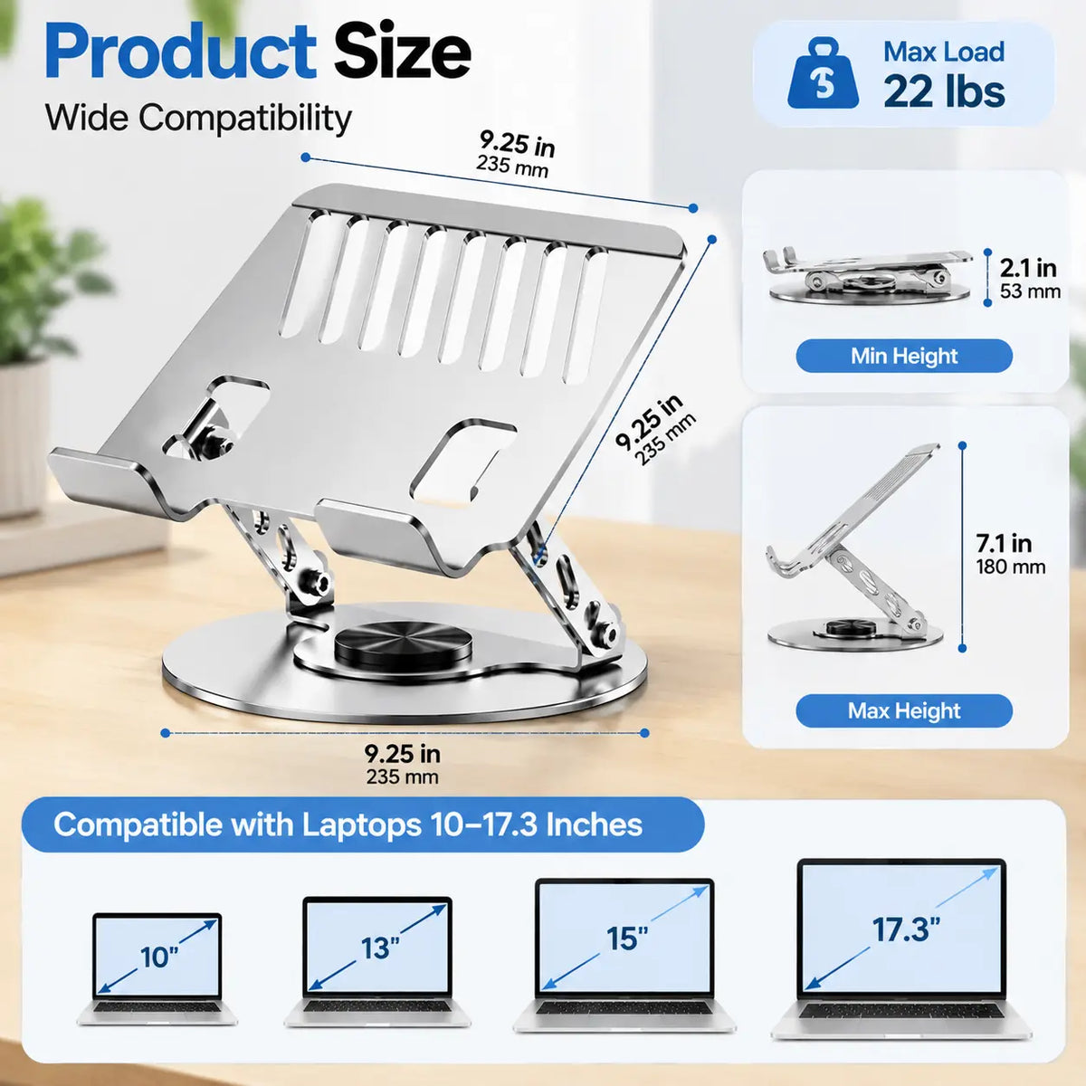 Adjustable Laptop Stand with 360° Rotating Base, Carbon Steel Foldable Laptop Holder for Desk, Ergonomic Height & Angle Adjustable Computer Stand, Portable Laptop Riser with Ventilated Cooling Design for Home Office, Work, Study & Travel