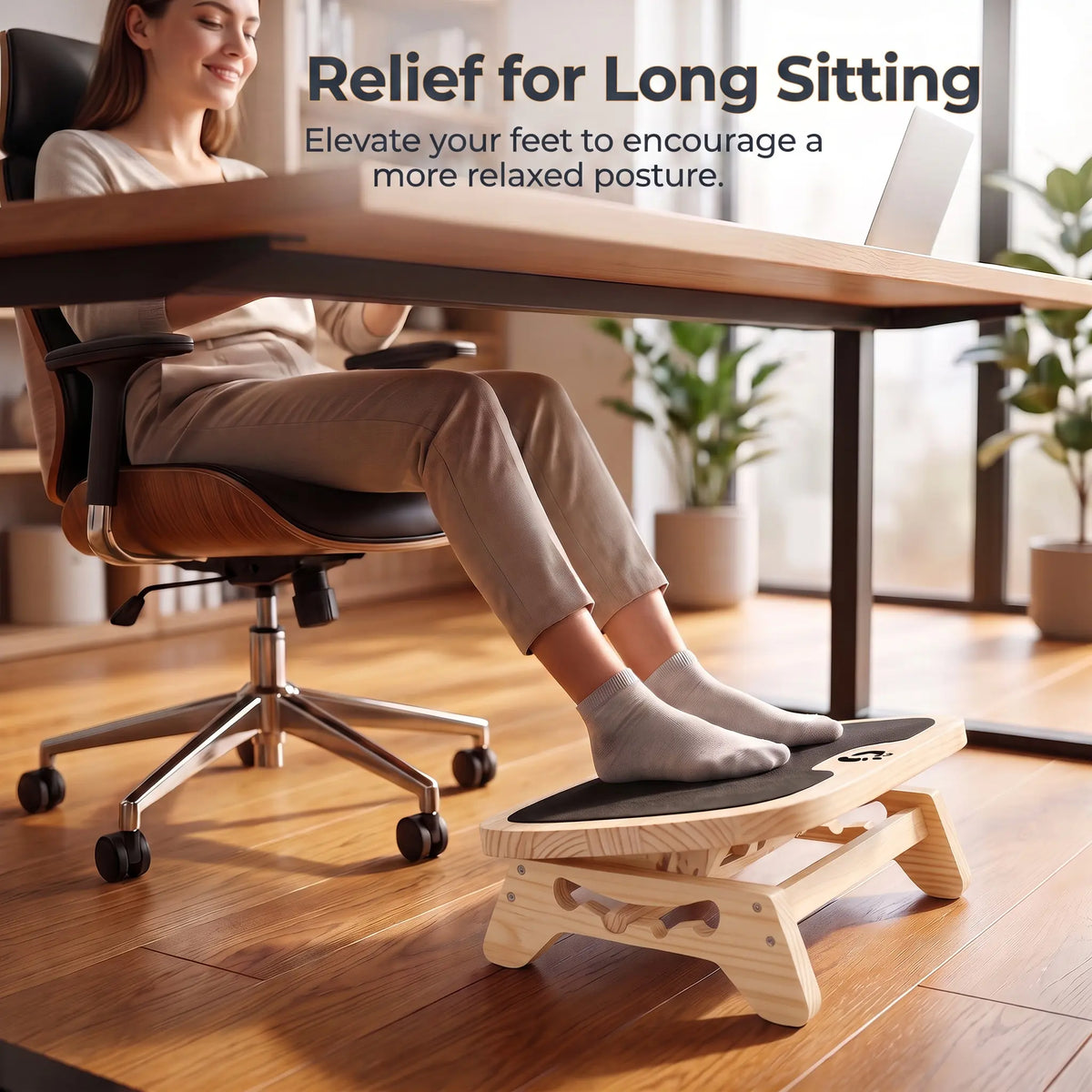 Wooden Under Desk Foot Rest, Adjustable Office Foot Stool with Grip Base
