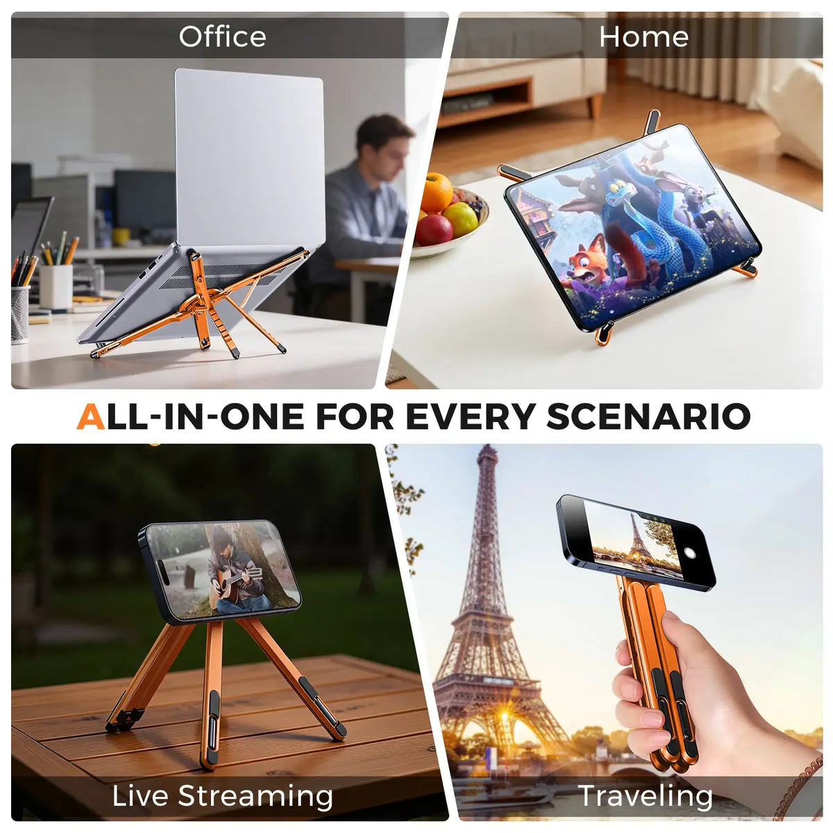 Ergonomic Portable Laptop Stand for Desk - Foldable Adjustable Aluminum PC Riser with Magnetic Phone Holder, Work & Office Accessories for Home Office (10-16” Laptops, 4-13” Phones/Tablets, Silver)