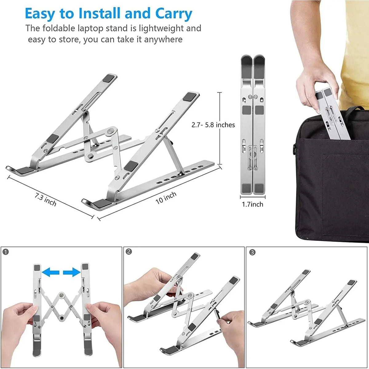 Adjustable Foldable Aluminum Laptop Stand for Desk, Silver - Ergonomic Riser for 10-15.6 inch Laptops and Tablets with Adjustable Height & Angle for Improved ComfortGift