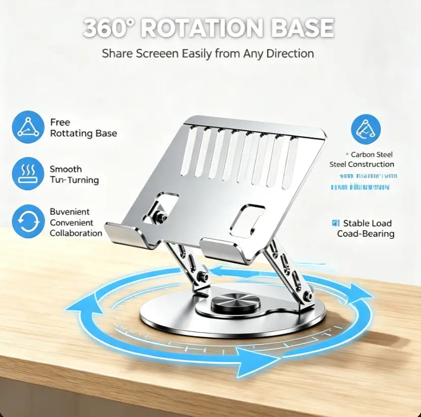 Adjustable Laptop Stand with 360° Rotating Base, Carbon Steel Foldable Laptop Holder for Desk, Ergonomic Height & Angle Adjustable Computer Stand, Portable Laptop Riser with Ventilated Cooling Design for Home Office, Work, Study & Travel