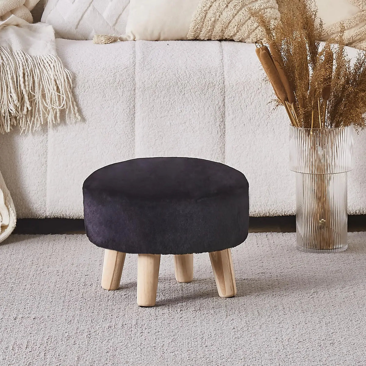 Small Size Upholstered Round Mushroom Furniture Ottoman - Multifunctional Stool with Solid Wood Legs, Pouf Ottoman Foot Rest for Living Room, Bedroom (Black)